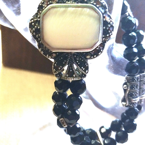 MARCHASITE  MOTHER OF PEARL OBSIDIAN DOUBLE BEADED BLACK BRACELET - Picture 9 of 9